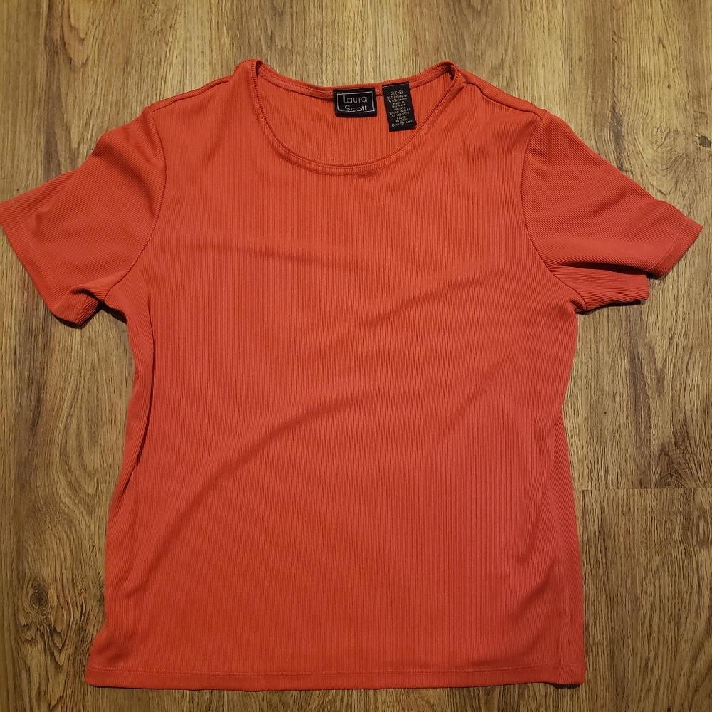 Women's LAURA SCOTT S (6-8) RED Short Sleeve Ribbed Polyester Spandex Top Shirt